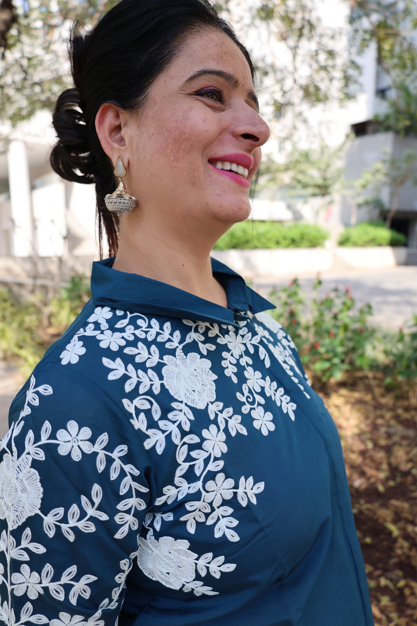 Roman Silk Co-ord Set – Embroidered Collar Shirt with Thread Work Detailing - Har Pal Fashionable