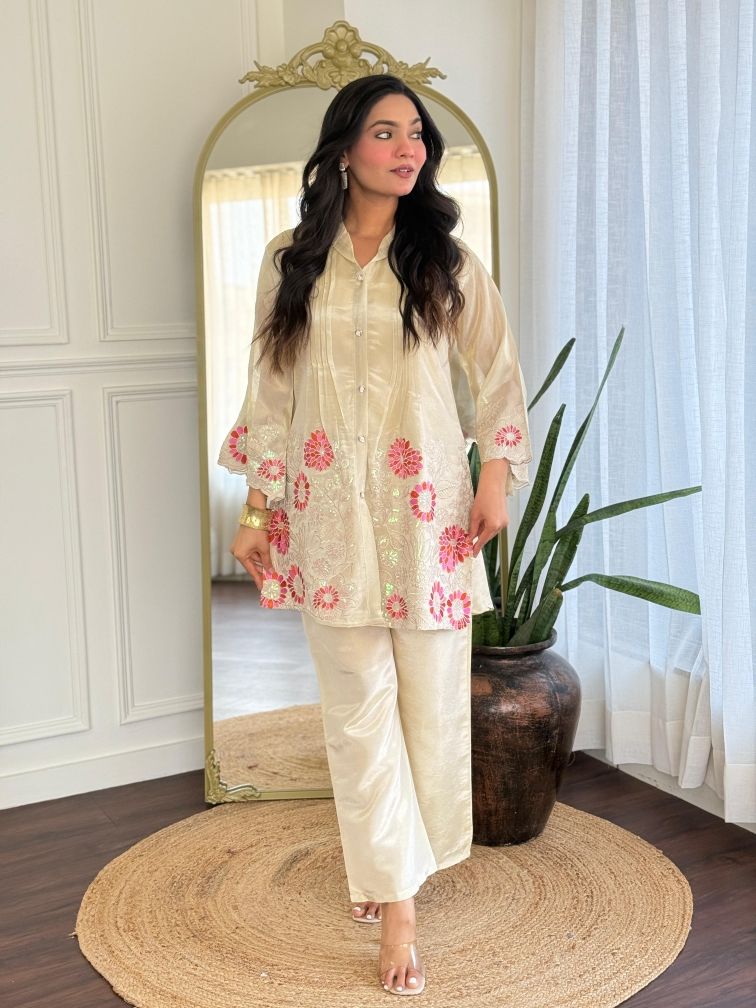 Pure Tissue Organza Fabric Co-ord Set with Fully HandWork Embroidery along with Plazzo Pant