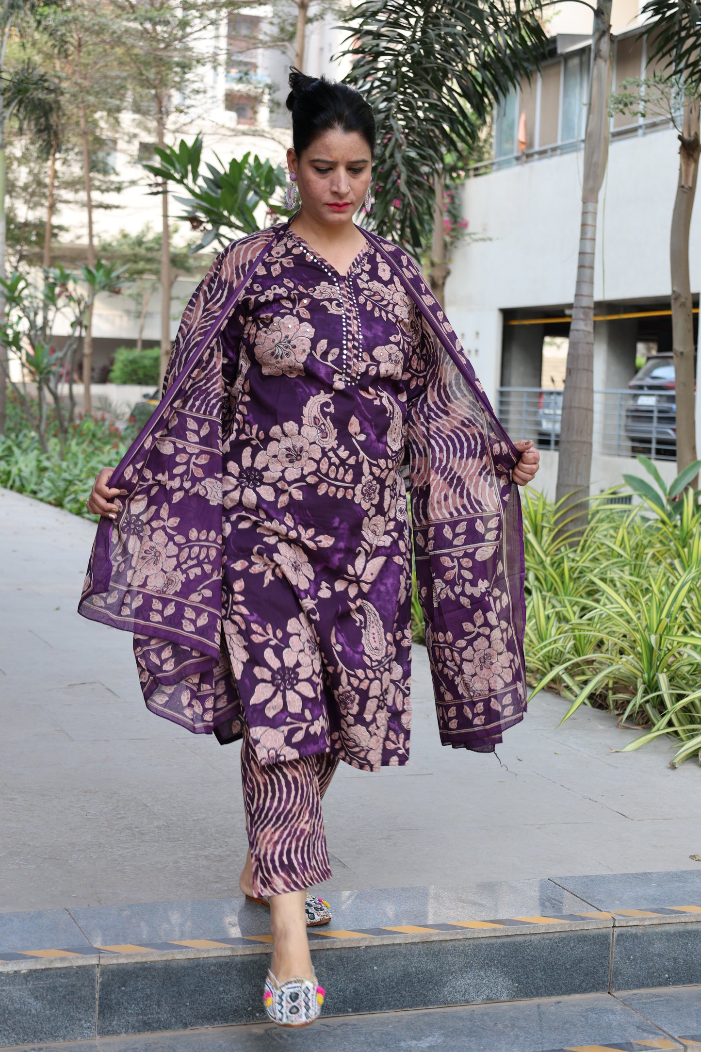Premium Cotton Kalamkari Suit – Mirror Work | Geometric Print Pant & Dupatta - Har Pal Fashionable