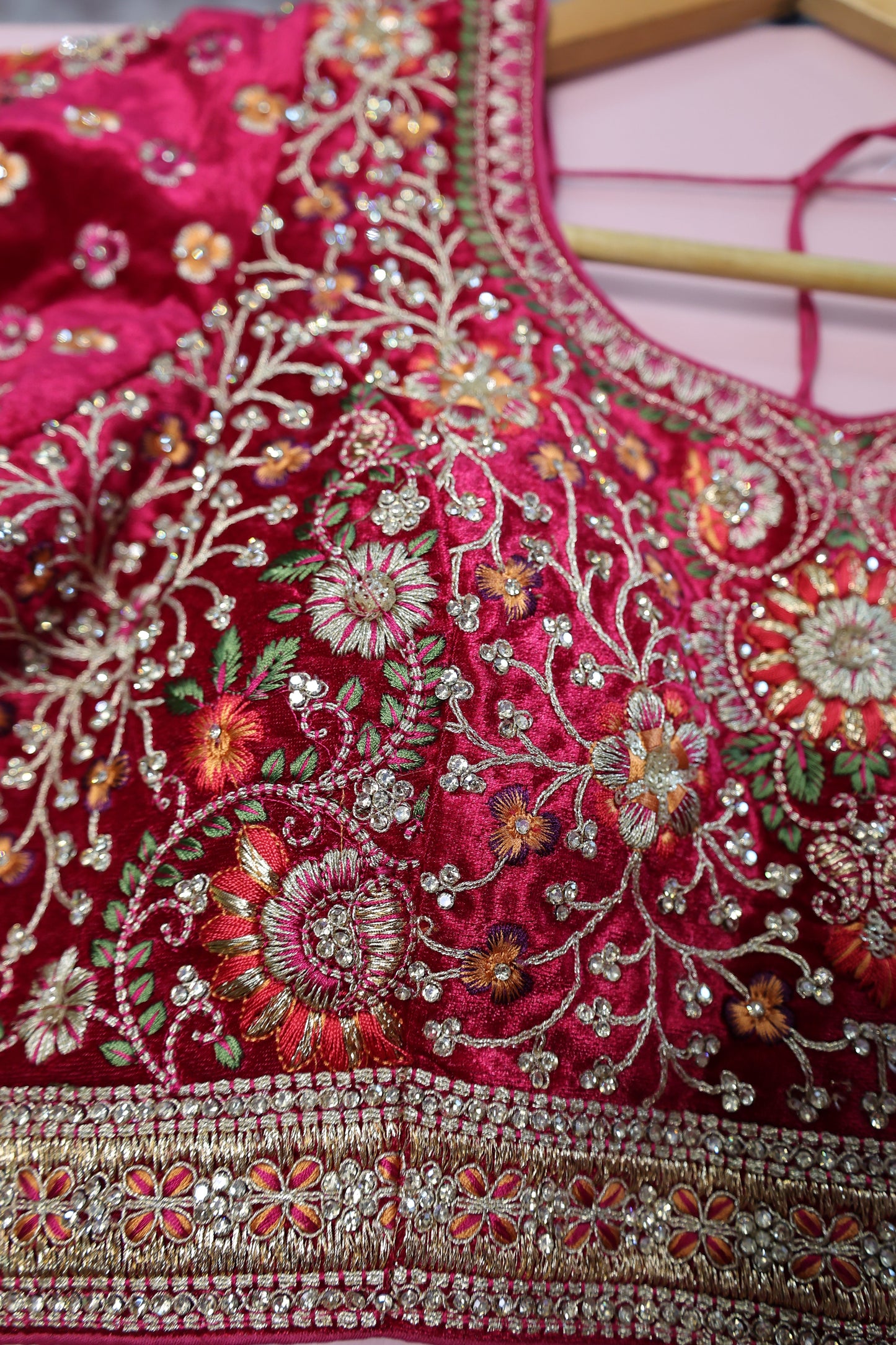 Premium Velvet Blouse in Hot Pink – Fully Embroidered with Thread & Sequin Art - Har Pal Fashionable