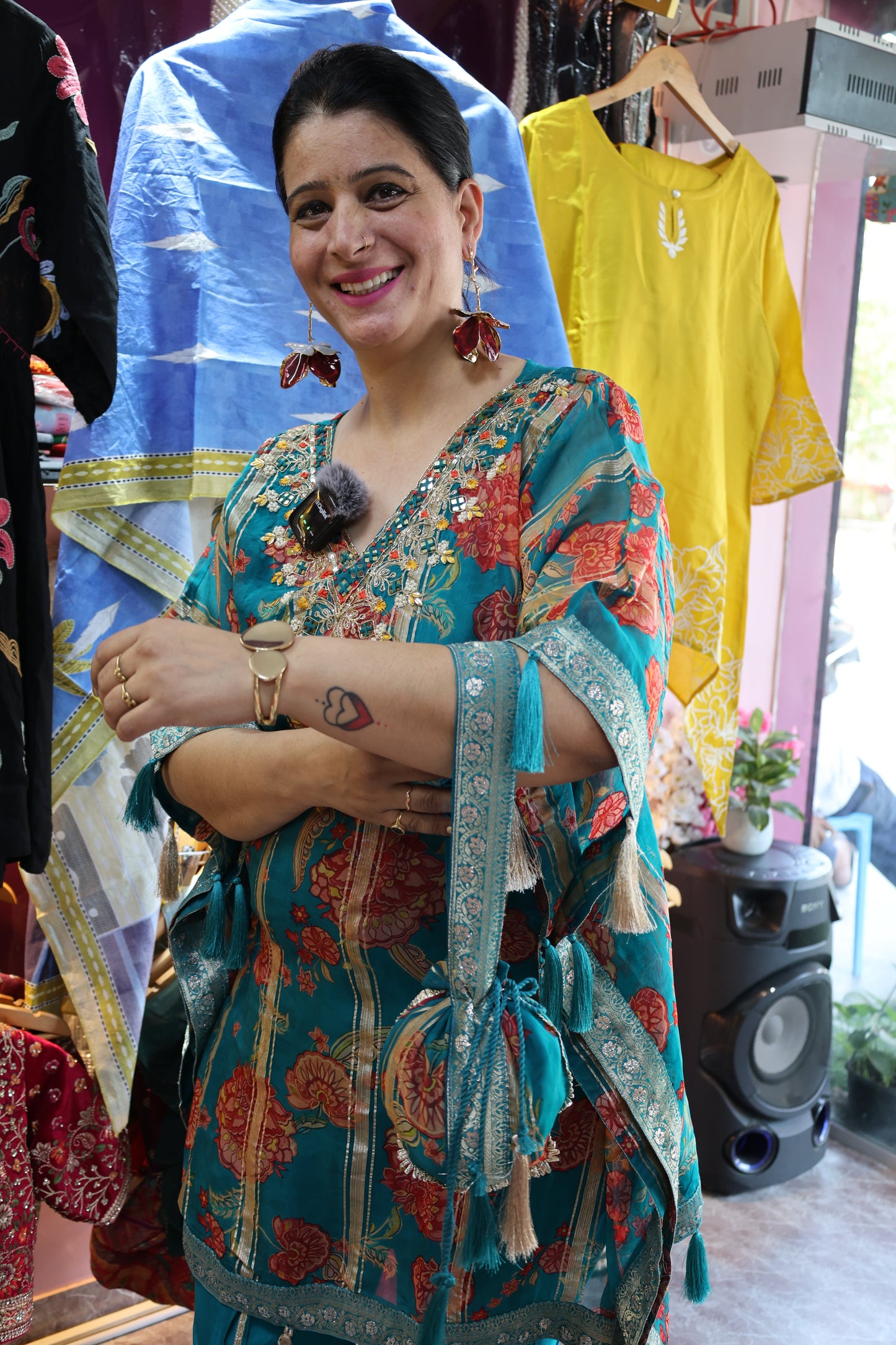 Tissue Organza Embroidered Kaftan with Potli – Kalamkari Print & Dhoti Pants - Har Pal Fashionable