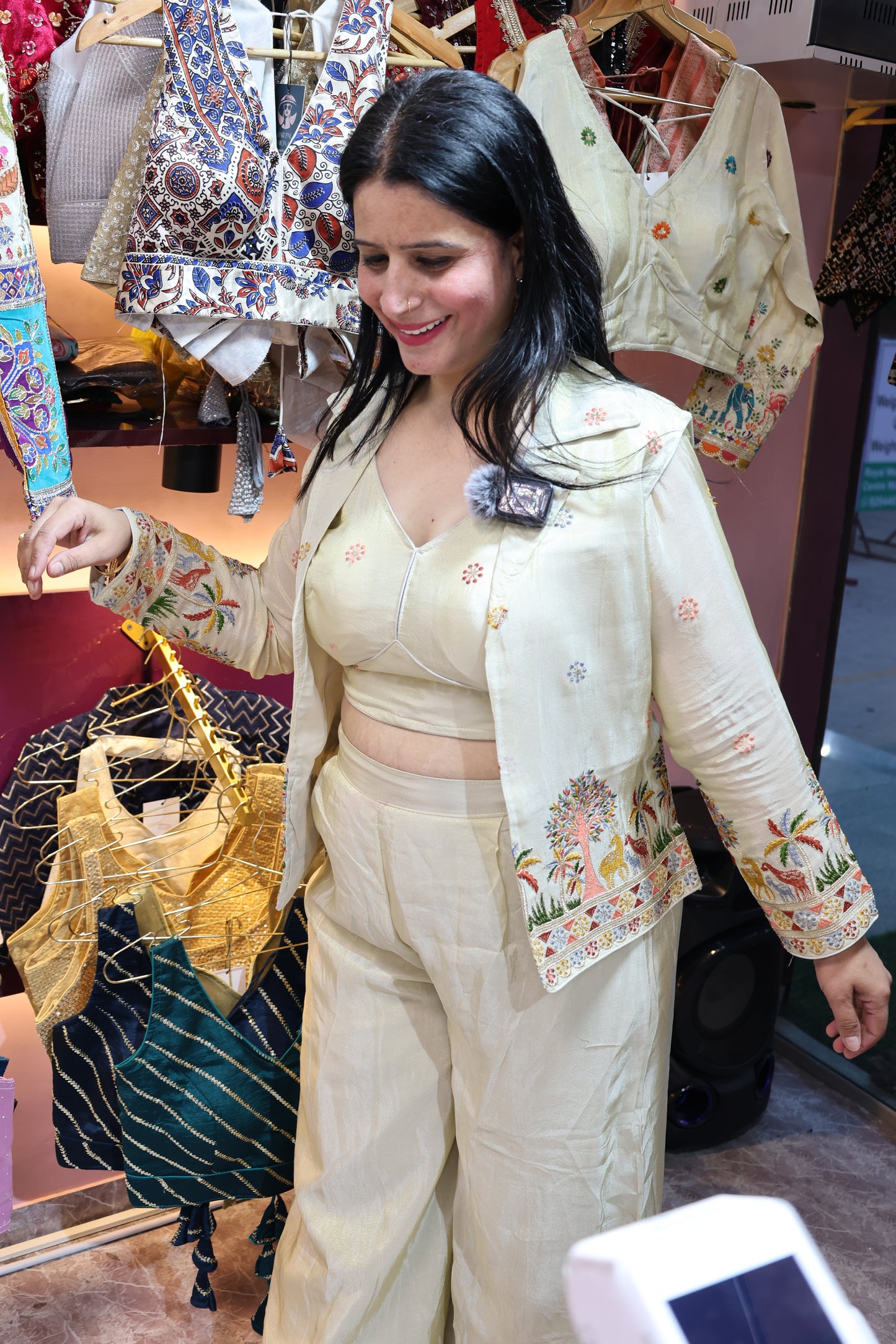 Pure Shimmery Silk Full Sleeves Blouse with Sabyasachi Hand Work Embroidery + Sleeveless Blazer along with Sharara