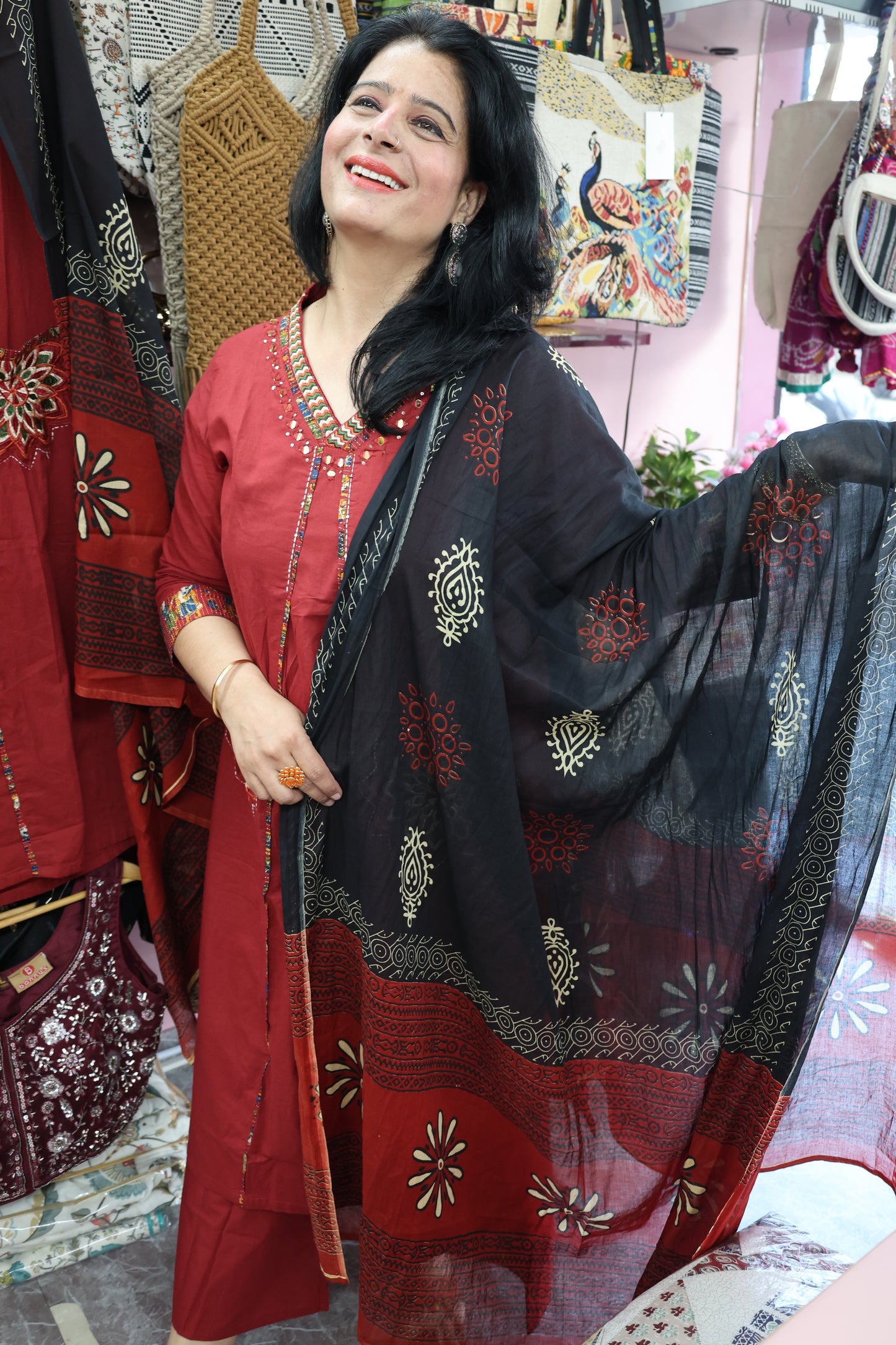 Trendy Premium Cotton Appliqué and Patch Work Detailing Suit Set along with Jaipuri Block Print Dupatta with real mirror