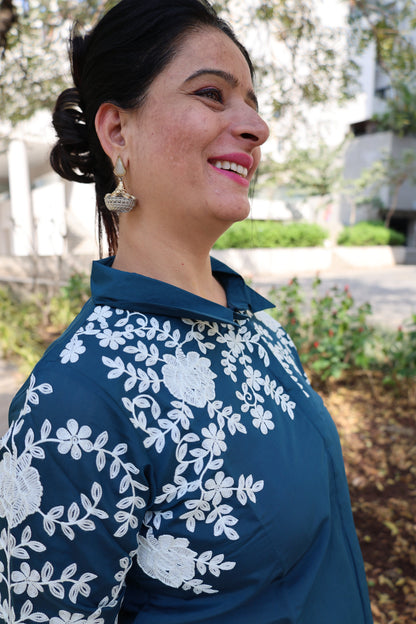 Roman Silk Co-ord Set – Embroidered Collar Shirt with Thread Work Detailing - Har Pal Fashionable