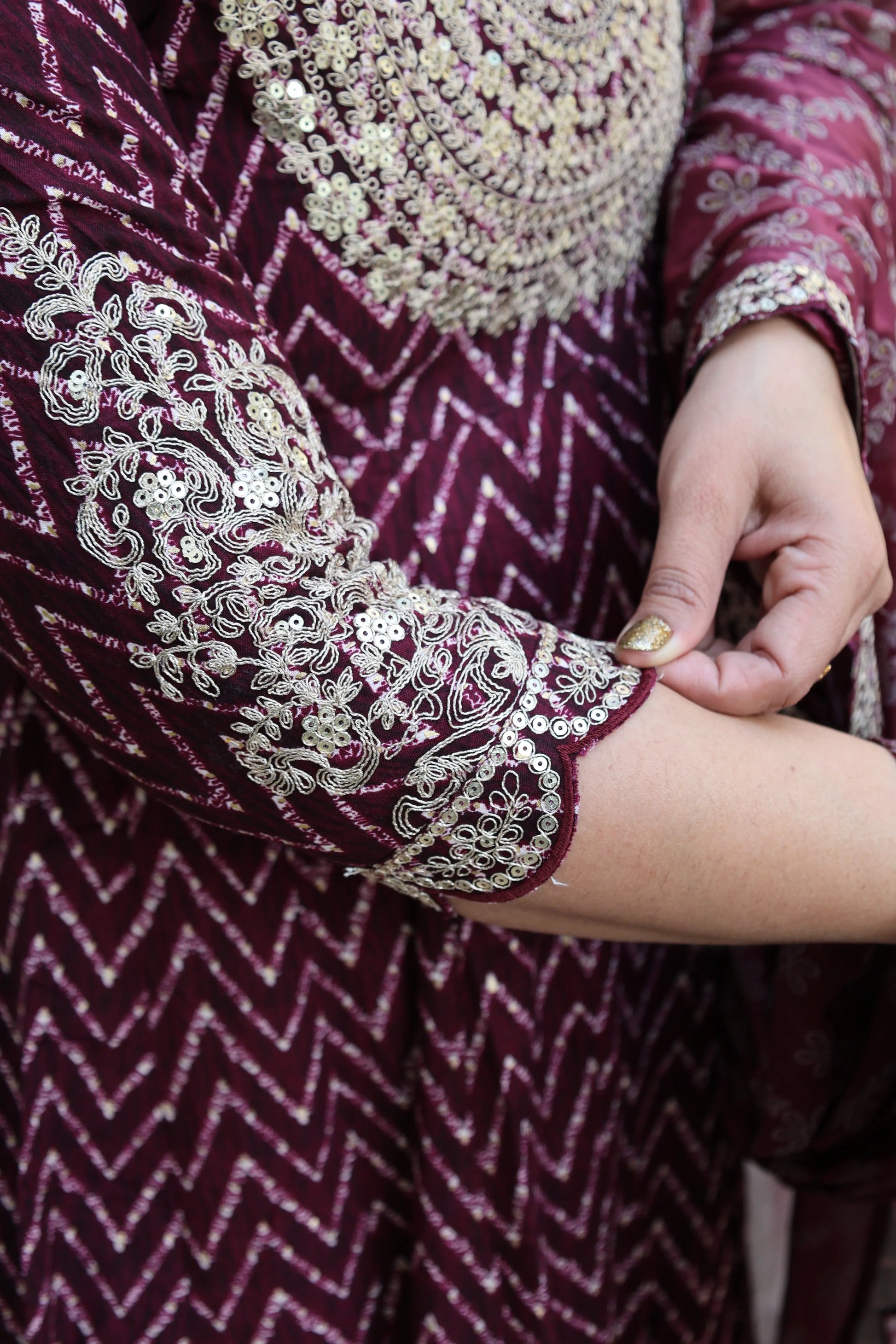 Maroon Premium Rayon Silk Anarkali Suit – Lehriya Print & Gota-Patti Handwork - Har Pal Fashionable
