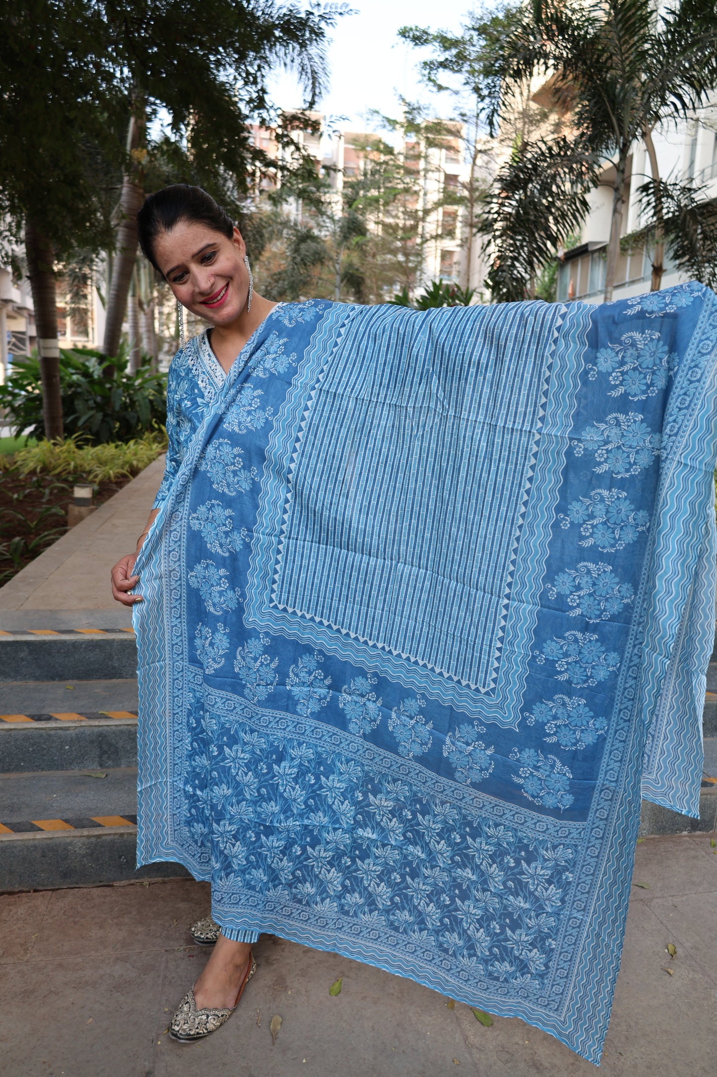 Indigo Pure Cotton Straight Cut Suit | Kalamkari Print | Elegant Ethnic Wear - Har Pal Fashionable