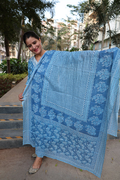 Indigo Pure Cotton Straight Cut Suit | Kalamkari Print | Elegant Ethnic Wear - Har Pal Fashionable