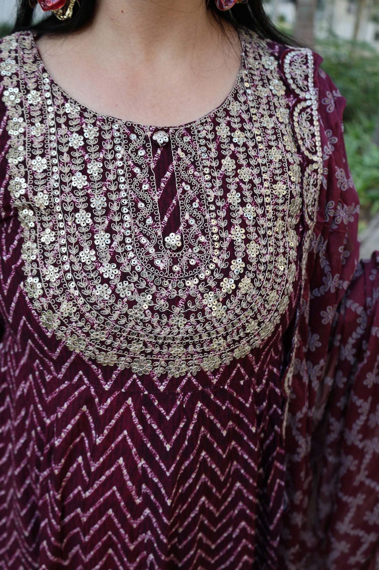 Maroon Premium Rayon Silk Anarkali Suit – Lehriya Print & Gota-Patti Handwork - Har Pal Fashionable