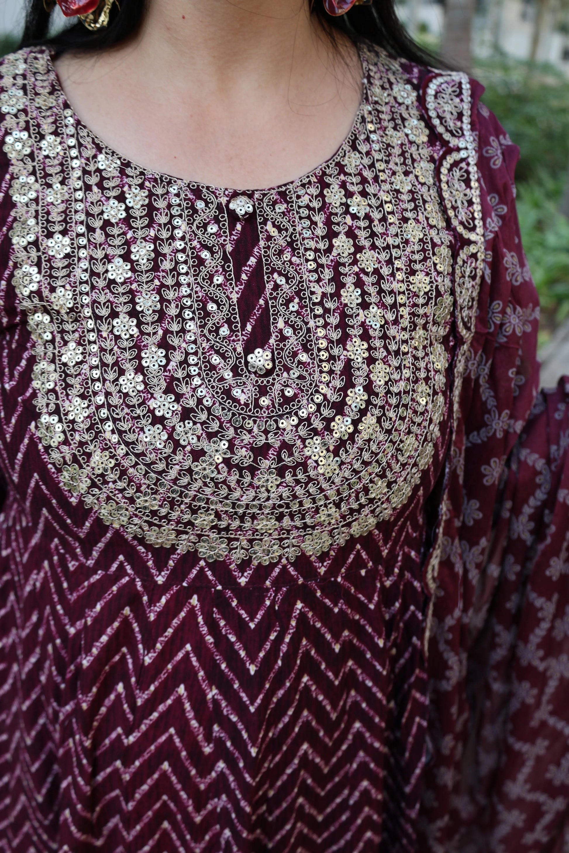 Maroon Premium Rayon Silk Anarkali Suit – Lehriya Print & Gota-Patti Handwork - Har Pal Fashionable