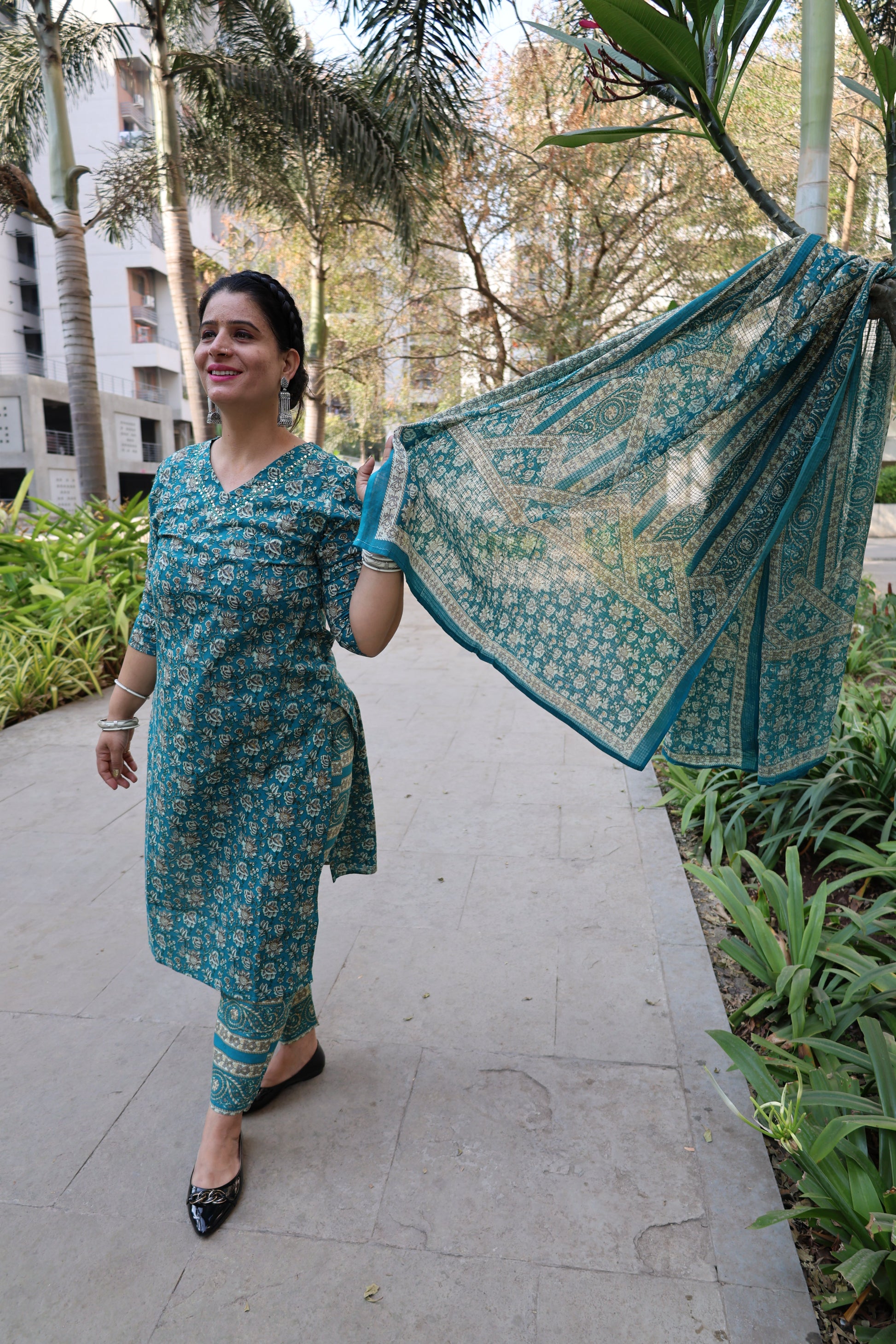 Pure Cotton Straight Cut Suit | Kalamkari Print Kurta | Geometric Print Pant - Har Pal Fashionable
