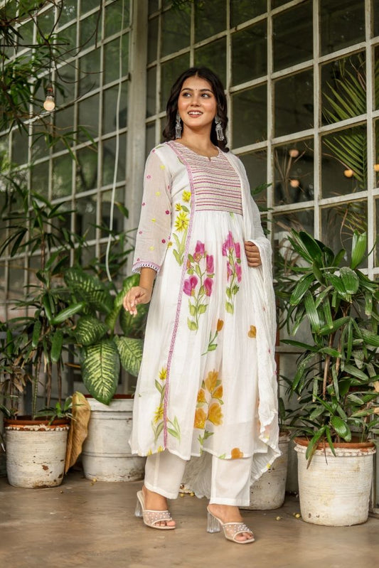 Pure Mul-Mul Cotton Fabric Suit Set, A Line Pattern along with Block Print and Hand Brush MultiThread Work