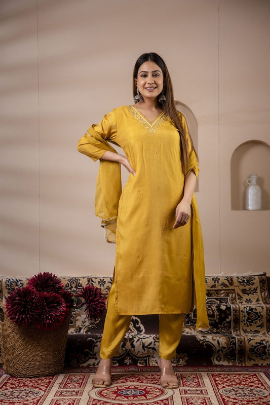Pure Mul Chanderi Fabric Suit Set with Zardosi and Moti Work. Designer Suit on a Rust Golden Color