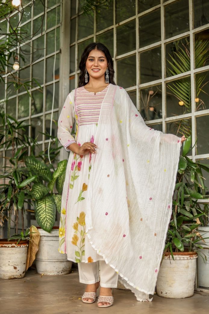 Pure Mul-Mul Cotton Fabric Suit Set, A Line Pattern along with Block Print and Hand Brush MultiThread Work
