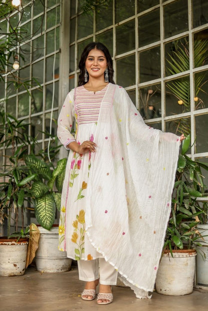 Pure Mul-Mul Cotton Fabric Suit Set, A Line Pattern along with Block Print and Hand Brush MultiThread Work