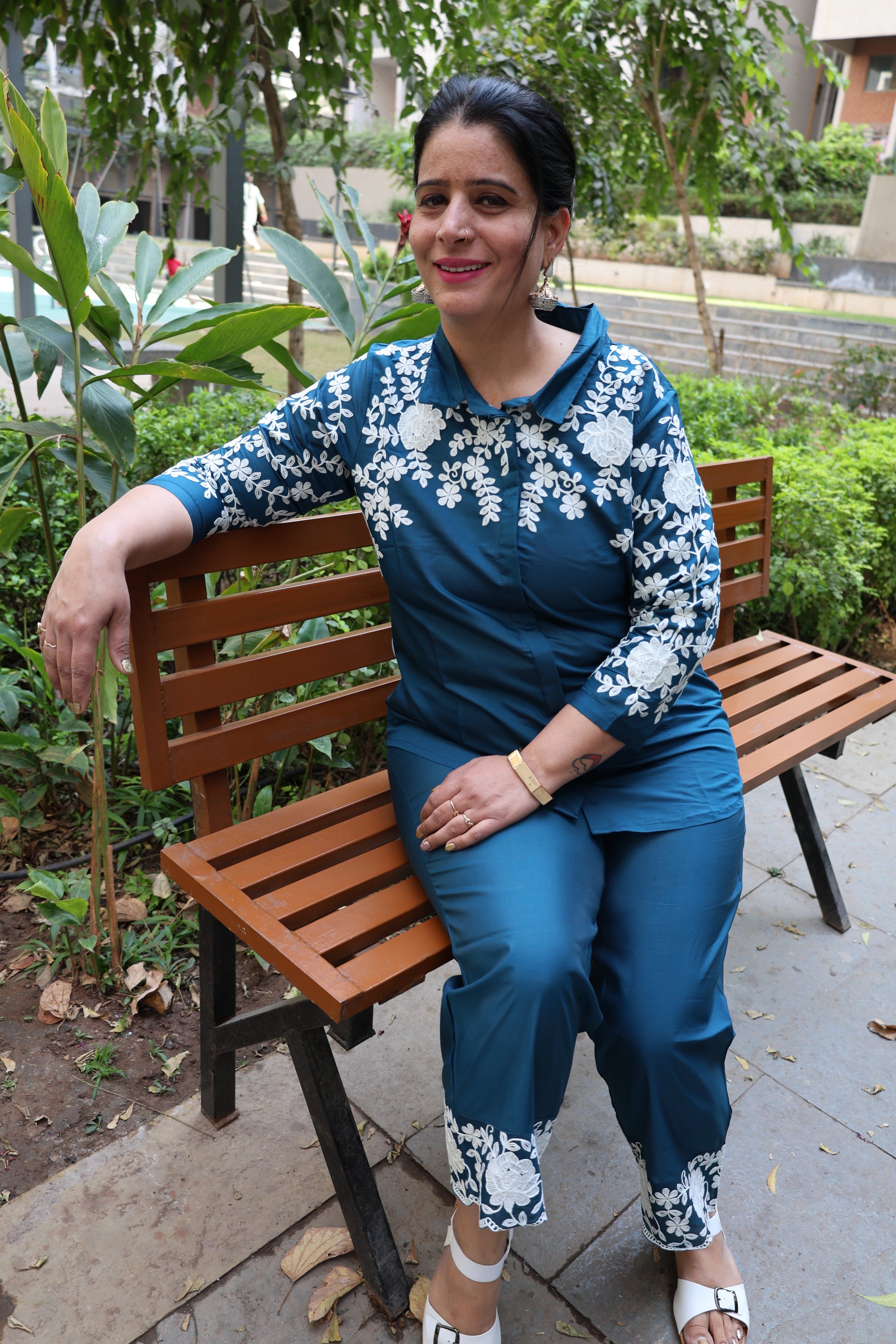 Roman Silk Co-ord Set – Embroidered Collar Shirt with Thread Work Detailing - Har Pal Fashionable