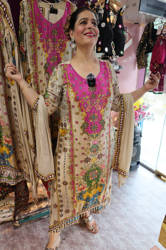 Premium Crape Fabric, Digital Print Style with Real Mirror & Tassels Handwork. Stylising C-Cut Trendy Pattern