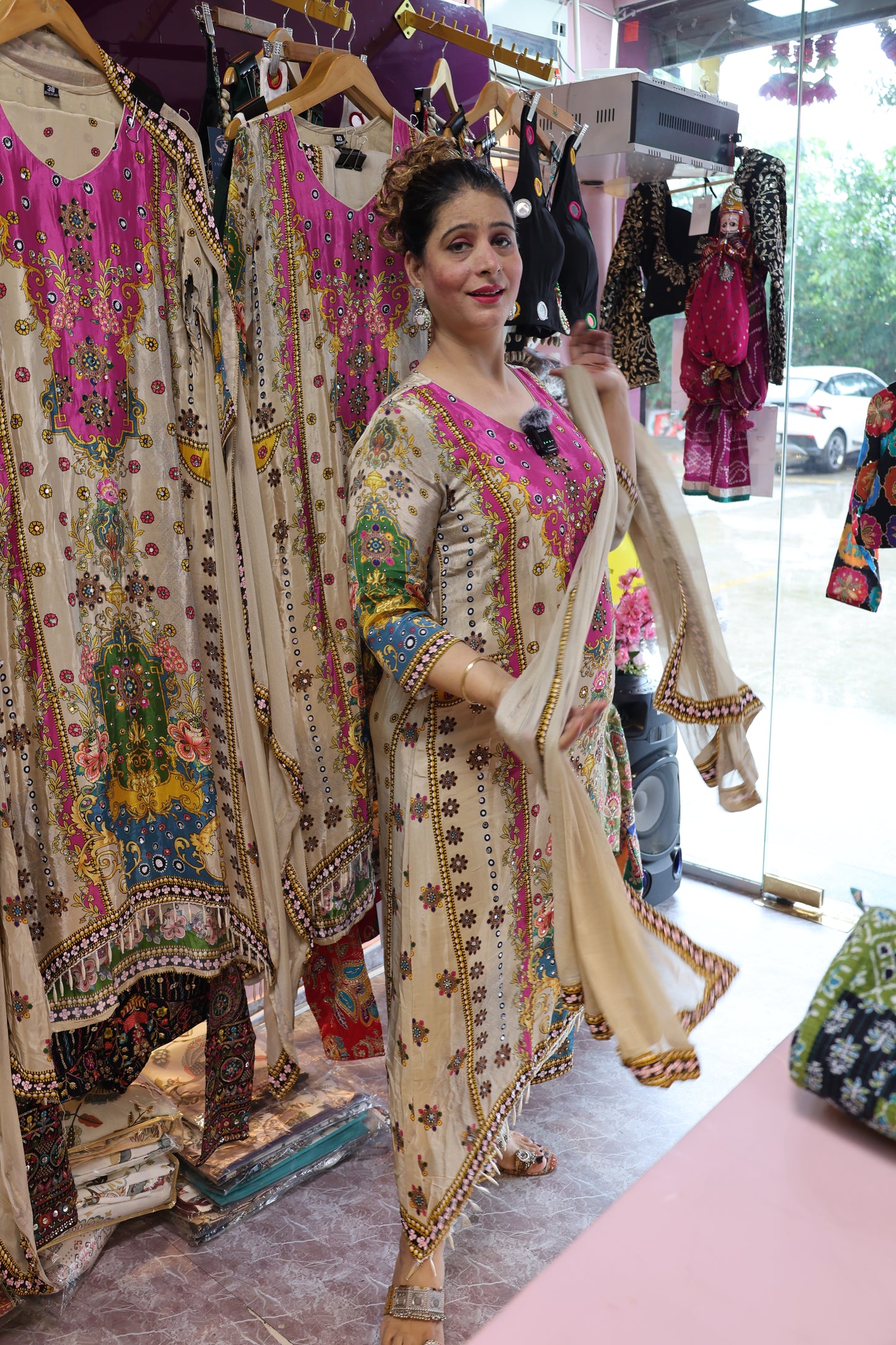 Premium Crape Fabric, Digital Print Style with Real Mirror & Tassels Handwork. Stylising C-Cut Trendy Pattern