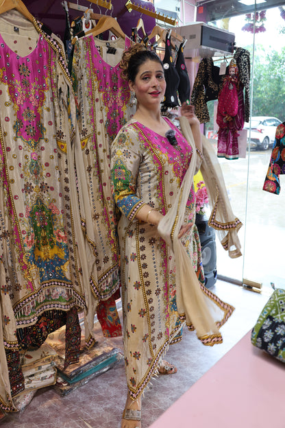 Premium Crape Fabric, Digital Print Style with Real Mirror & Tassels Handwork. Stylising C-Cut Trendy Pattern