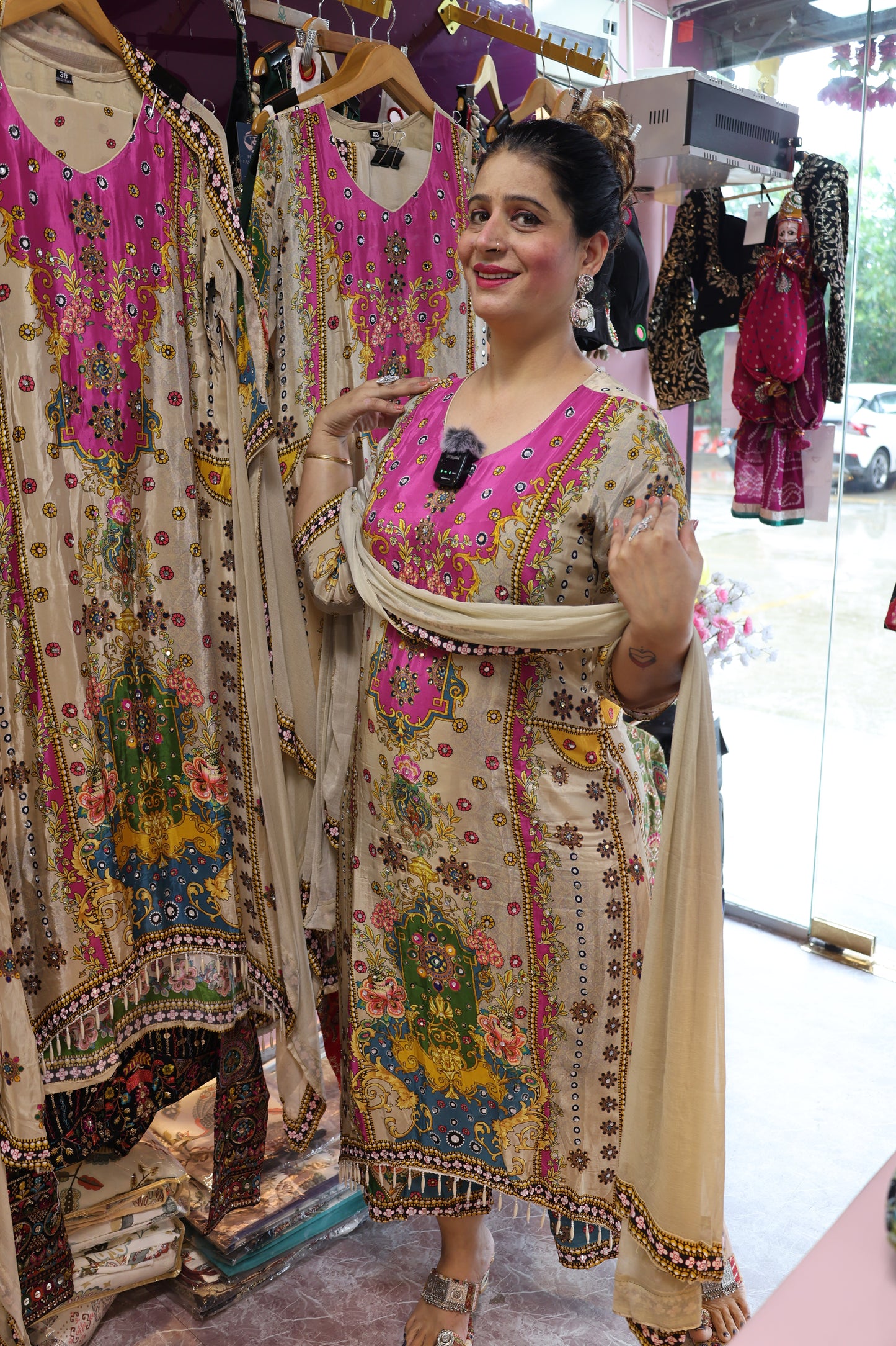 Premium Crape Fabric, Digital Print Style with Real Mirror & Tassels Handwork. Stylising C-Cut Trendy Pattern