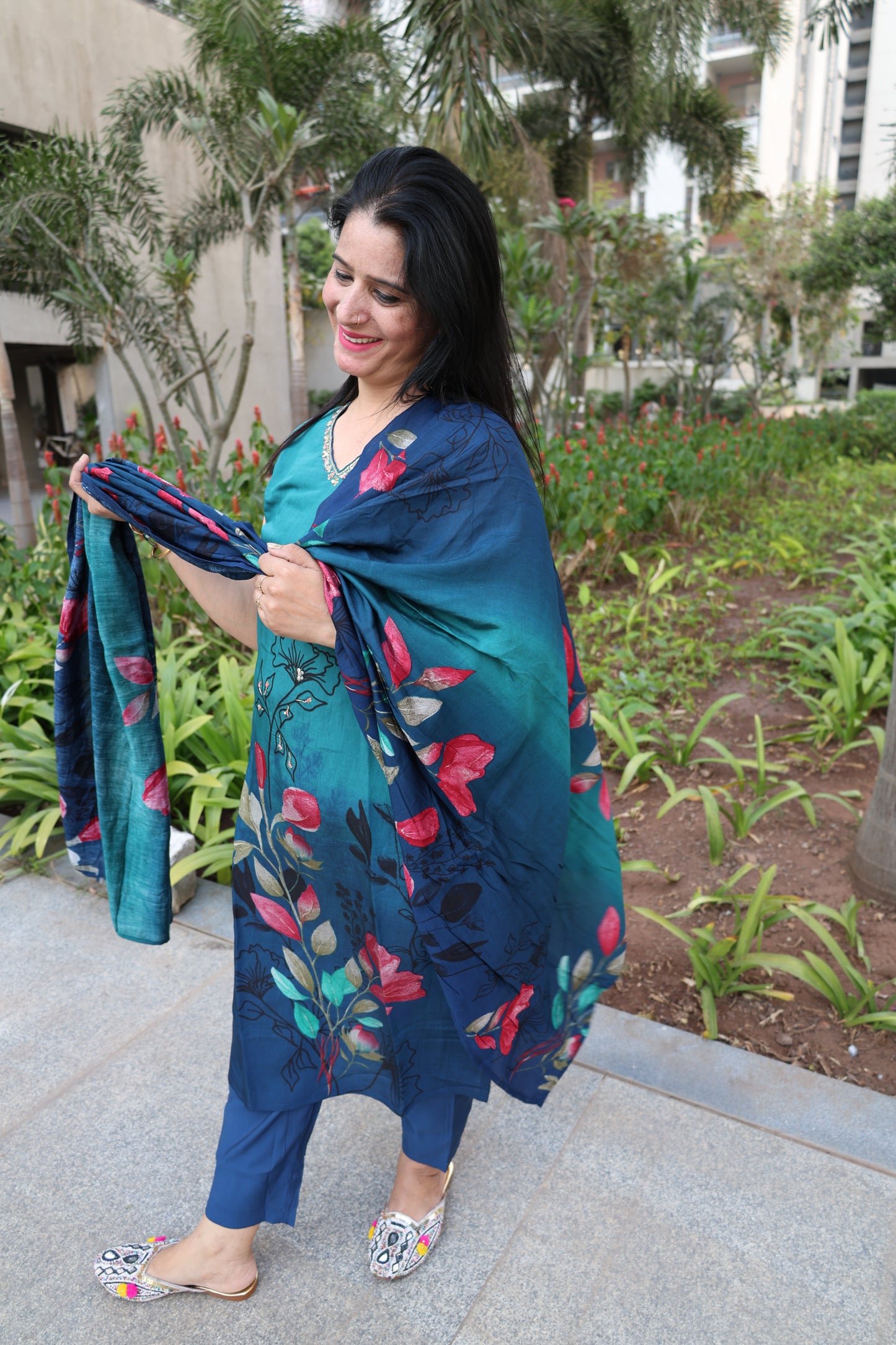 Peacock Pure Silk Straight Cut Suit – Digital Print | Elegant Ethnic Wear - Har Pal Fashionable