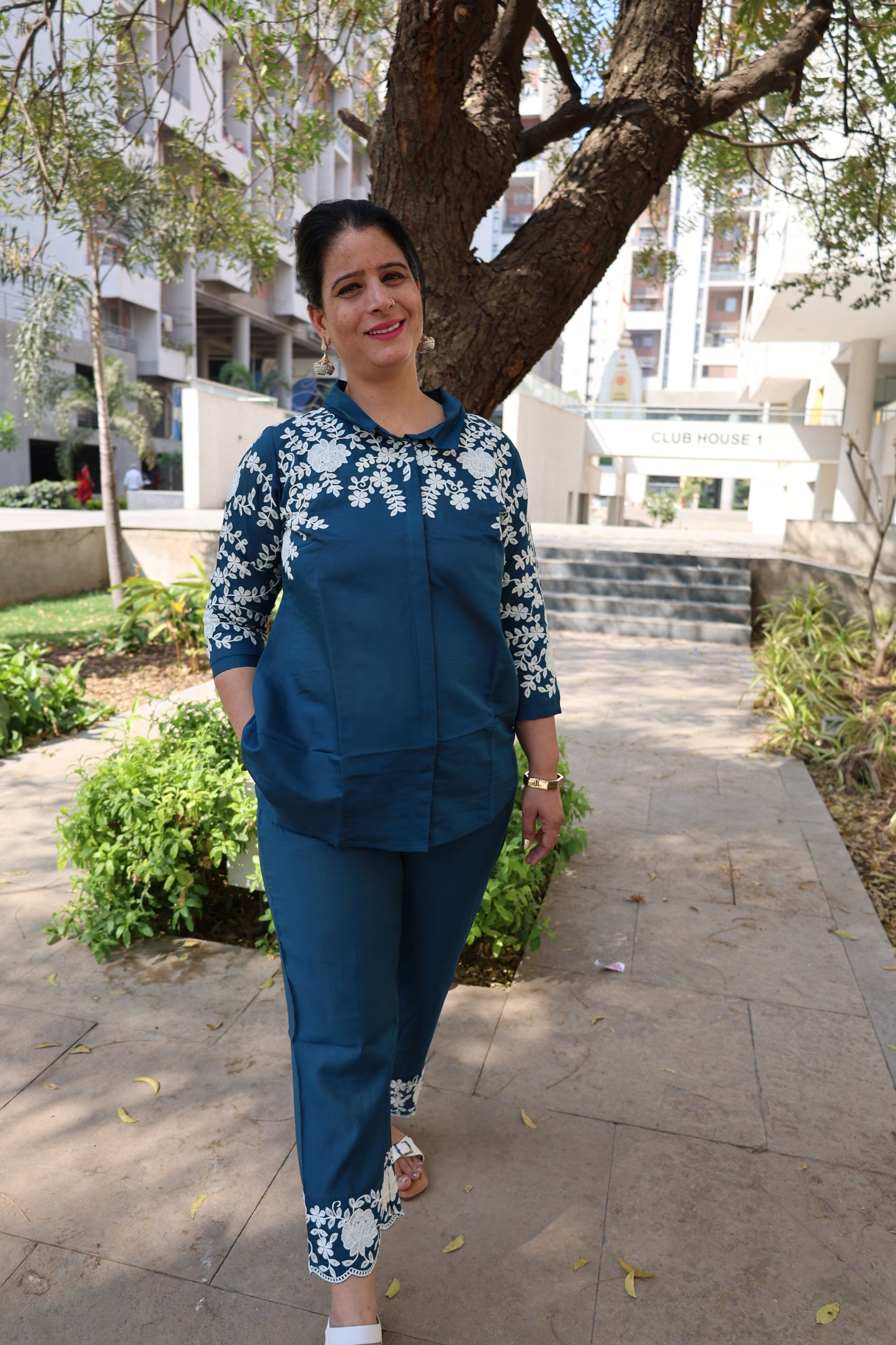 Roman Silk Co-ord Set – Embroidered Collar Shirt with Thread Work Detailing - Har Pal Fashionable