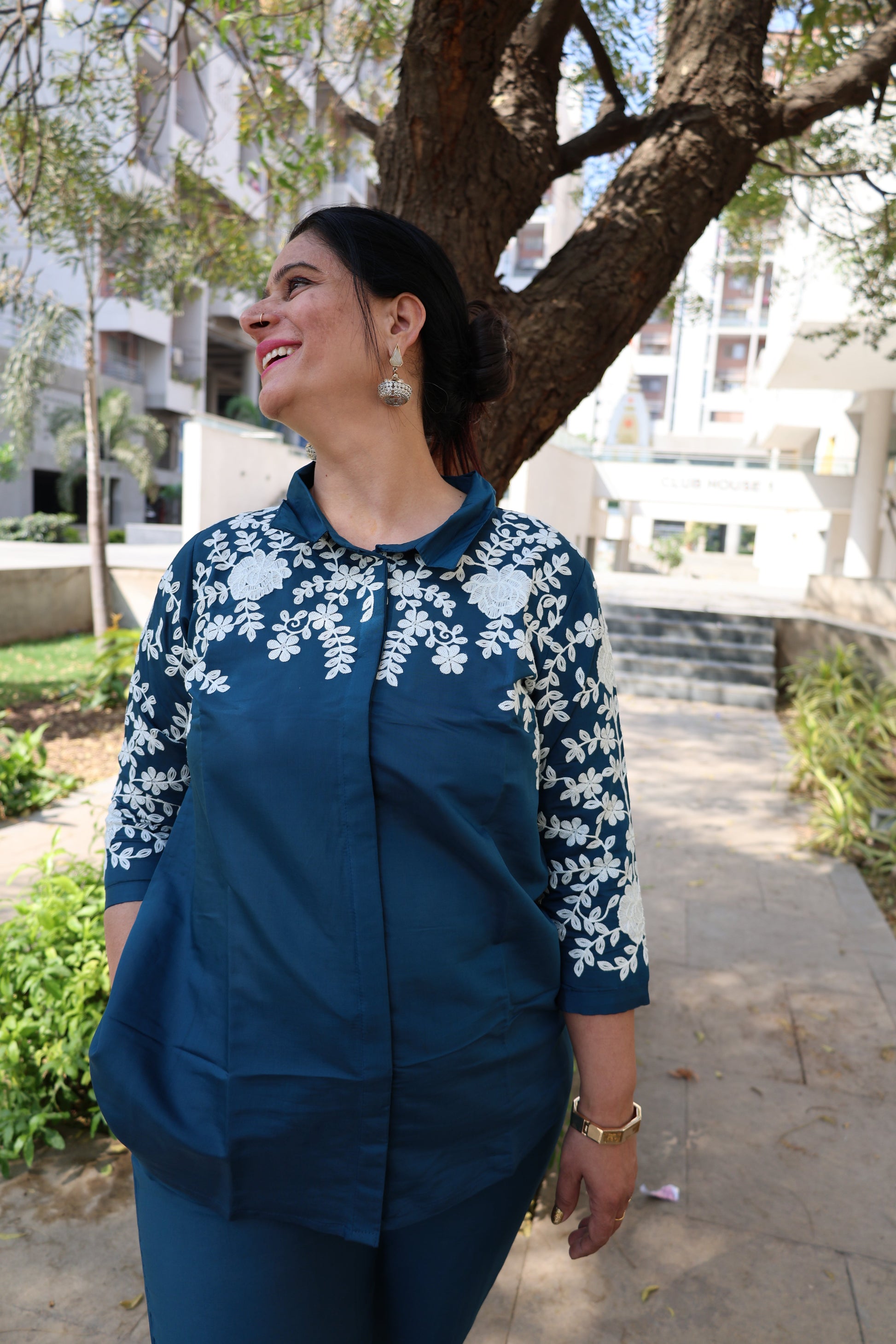 Roman Silk Co-ord Set – Embroidered Collar Shirt with Thread Work Detailing - Har Pal Fashionable