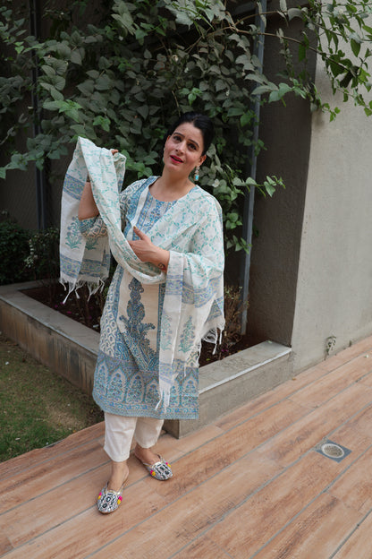 Ivory Khadi Cotton Straight Cut Suit – Block Digital Print | Elegant Ethnic Wear - Har Pal Fashionable