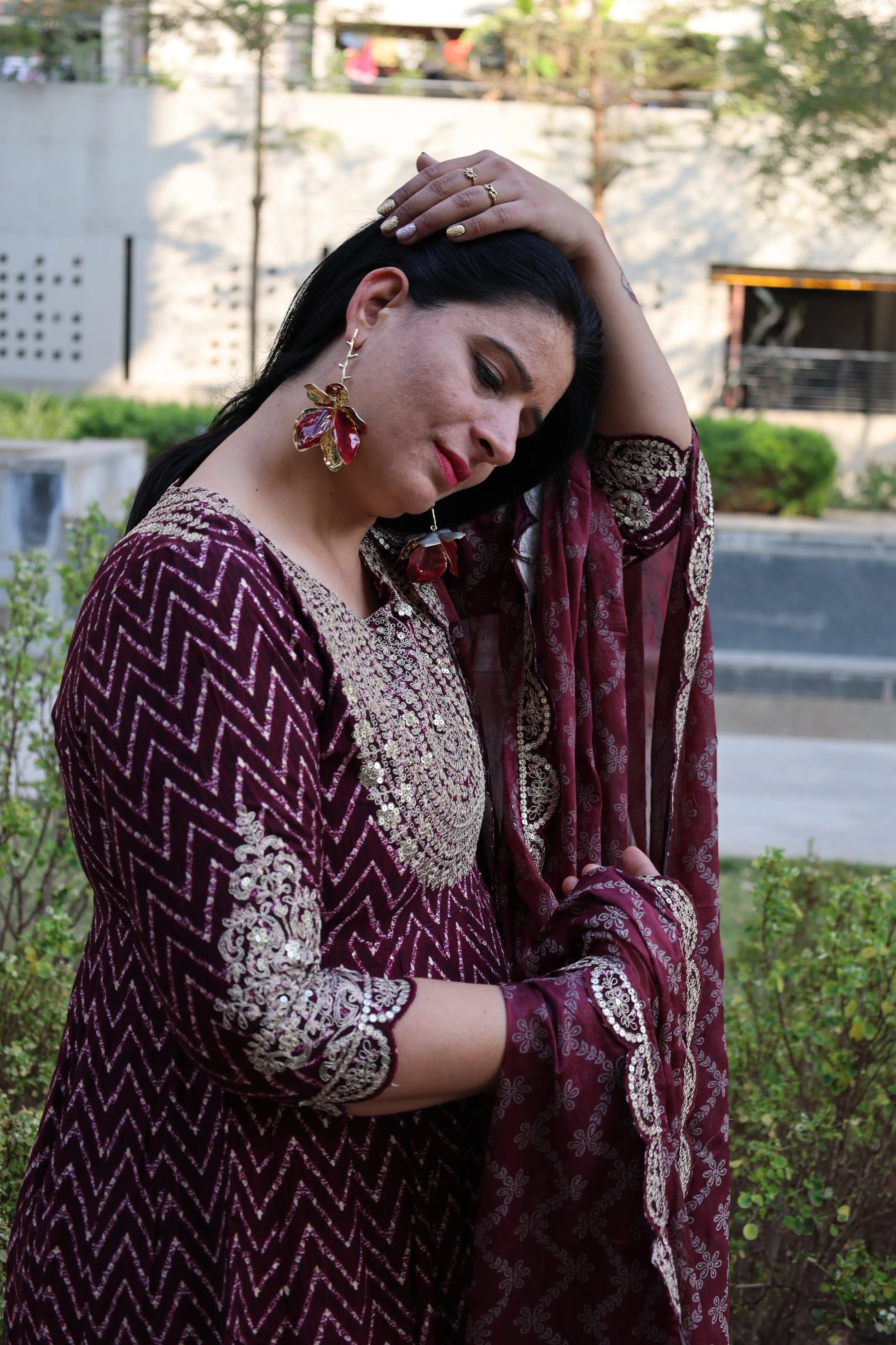 Maroon Premium Rayon Silk Anarkali Suit – Lehriya Print & Gota-Patti Handwork - Har Pal Fashionable