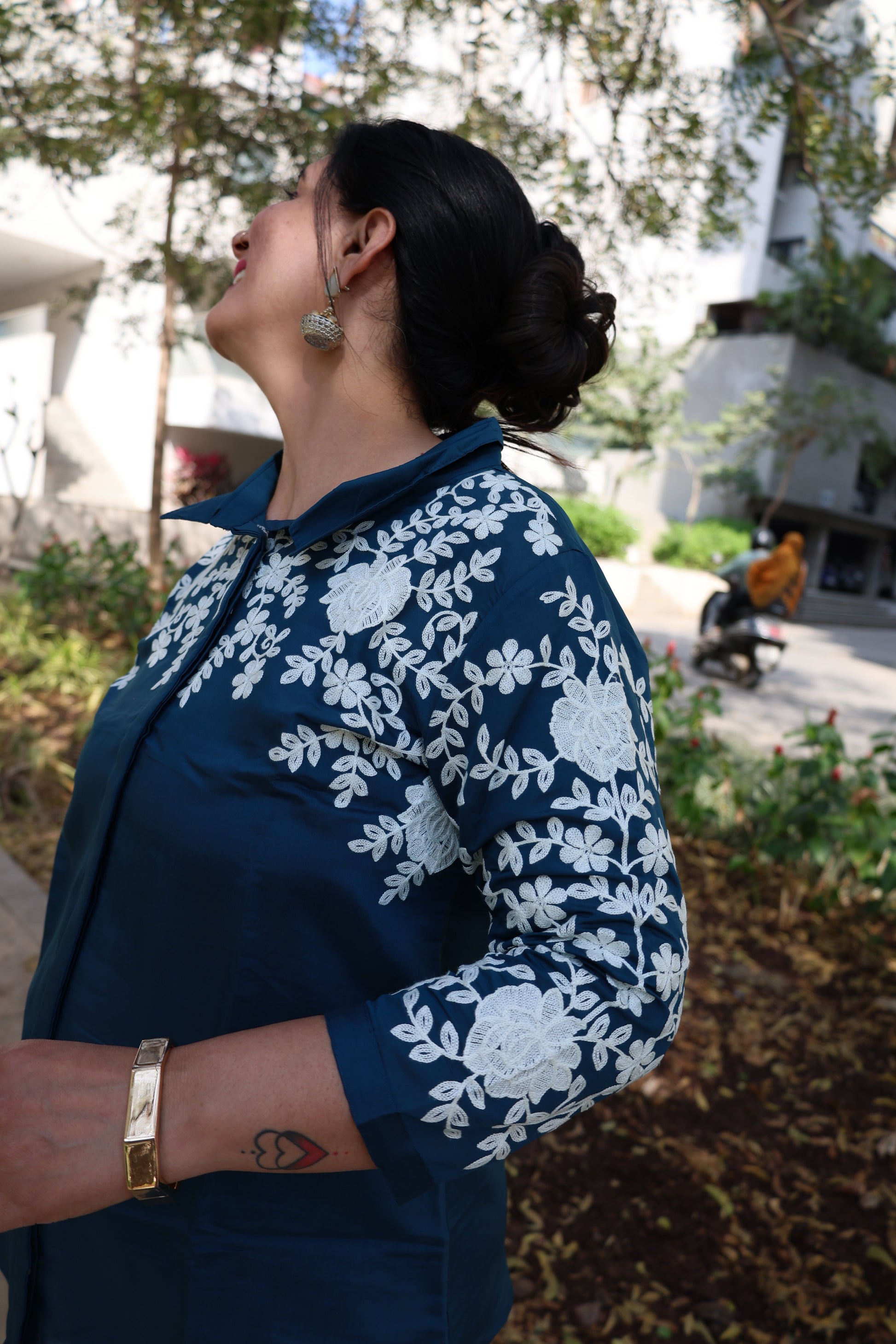 Roman Silk Co-ord Set – Embroidered Collar Shirt with Thread Work Detailing - Har Pal Fashionable