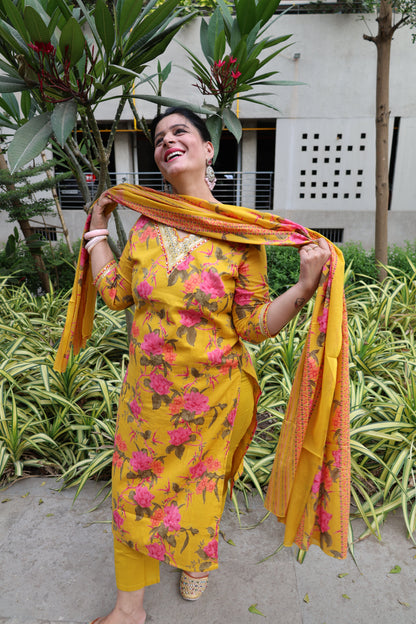 Yellow Premium Mul-Mul Kalamkari Suit – Straight Cut Ethnic Wear - Har Pal Fashionable