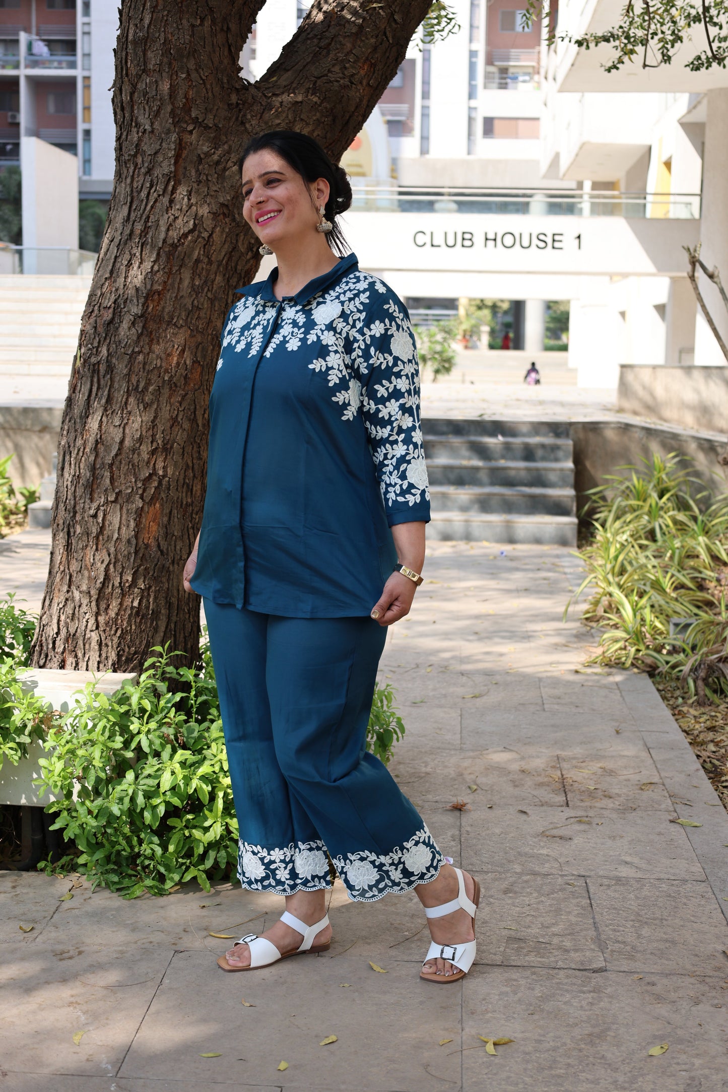 Roman Silk Co-ord Set – Embroidered Collar Shirt with Thread Work Detailing - Har Pal Fashionable