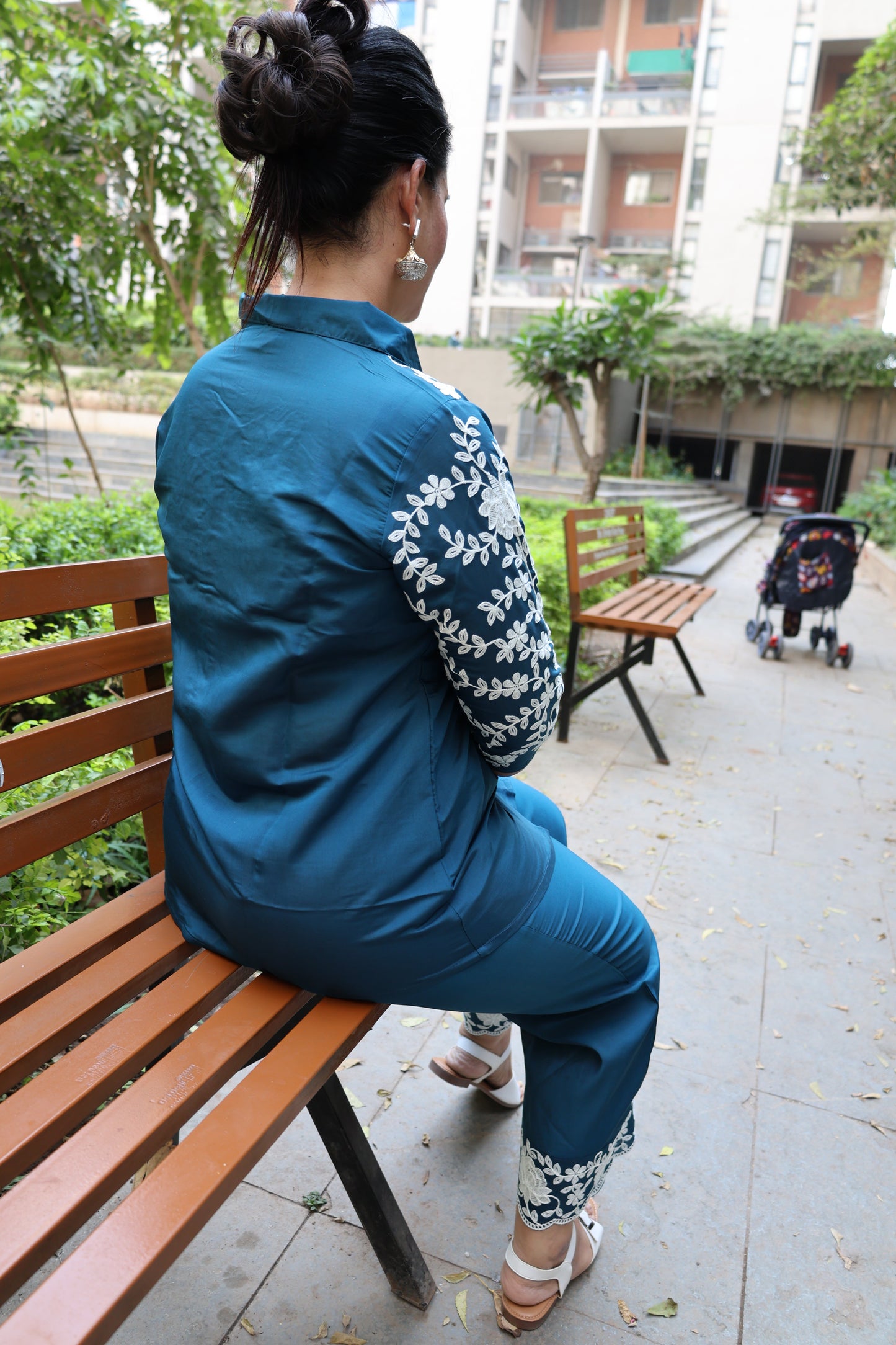Roman Silk Co-ord Set – Embroidered Collar Shirt with Thread Work Detailing - Har Pal Fashionable