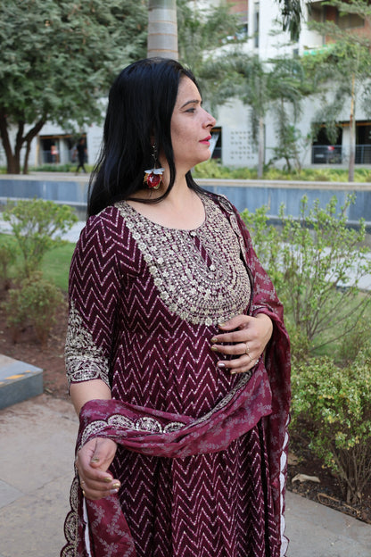 Maroon Premium Rayon Silk Anarkali Suit – Lehriya Print & Gota-Patti Handwork - Har Pal Fashionable