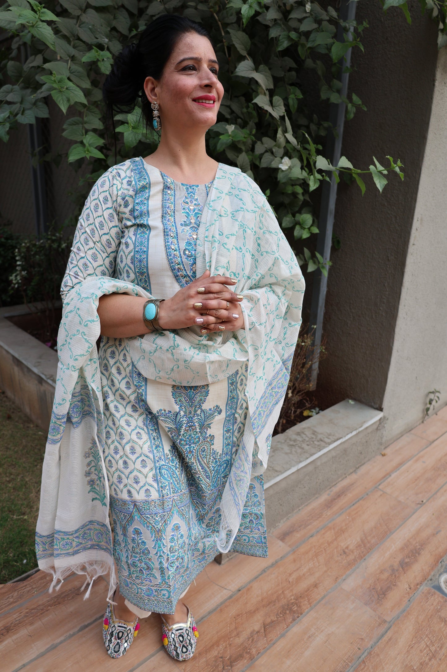 Ivory Khadi Cotton Straight Cut Suit – Block Digital Print | Elegant Ethnic Wear - Har Pal Fashionable