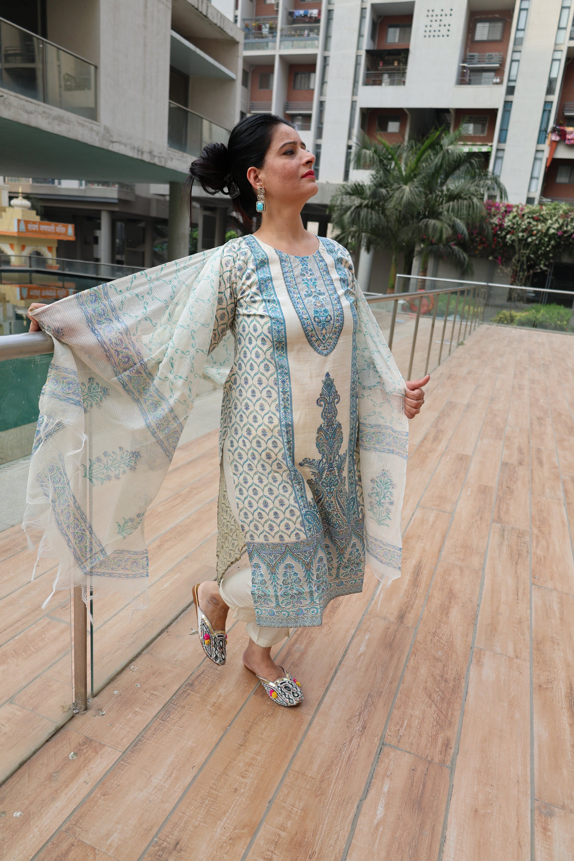 Ivory Khadi Cotton Straight Cut Suit – Block Digital Print | Elegant Ethnic Wear - Har Pal Fashionable
