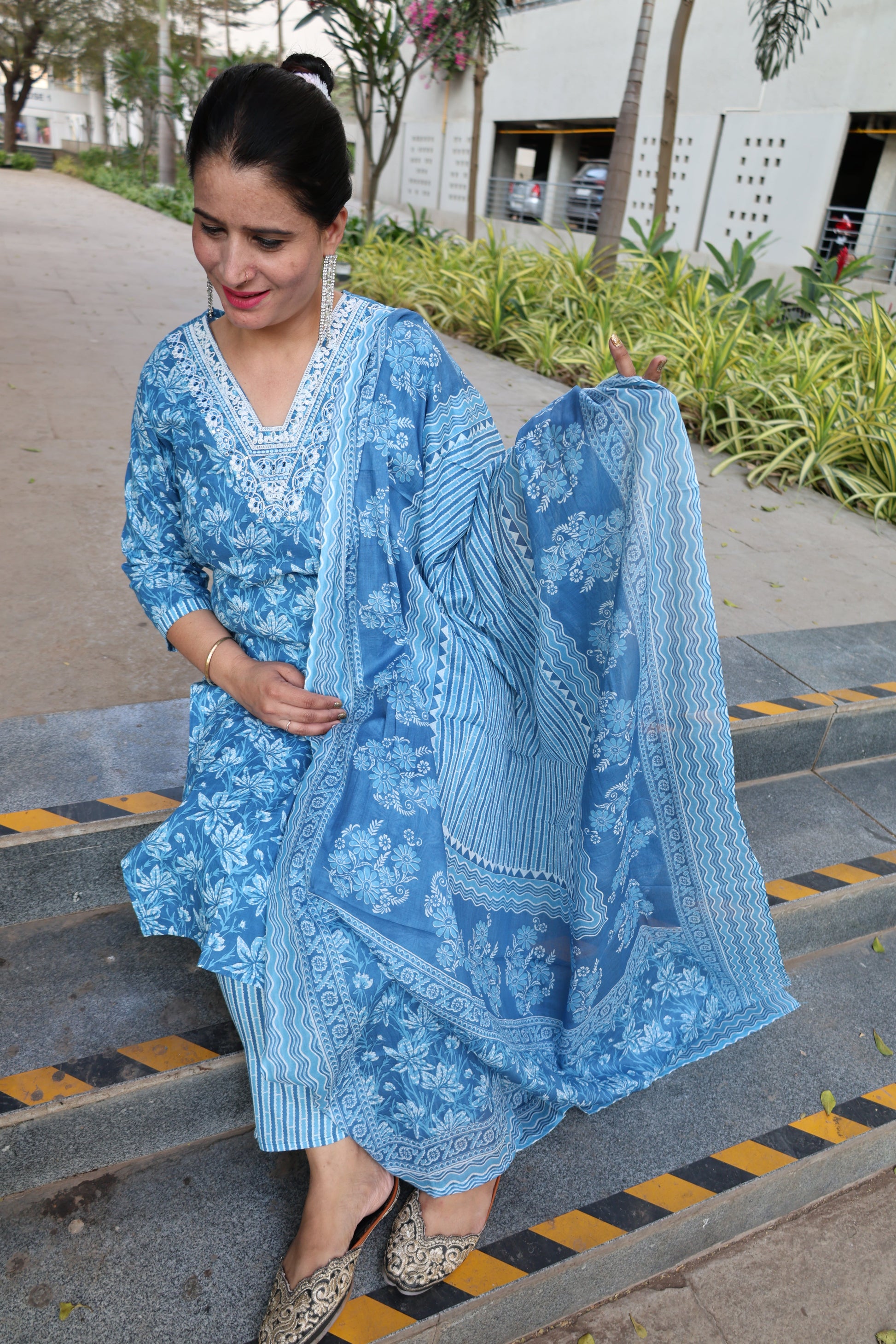 Indigo Pure Cotton Straight Cut Suit | Kalamkari Print | Elegant Ethnic Wear - Har Pal Fashionable