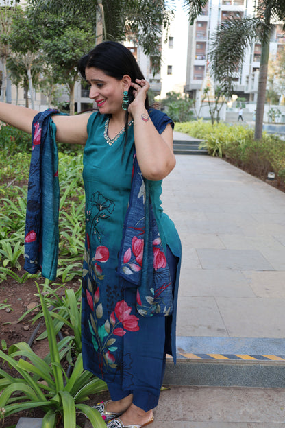 Peacock Pure Silk Straight Cut Suit – Digital Print | Elegant Ethnic Wear - Har Pal Fashionable