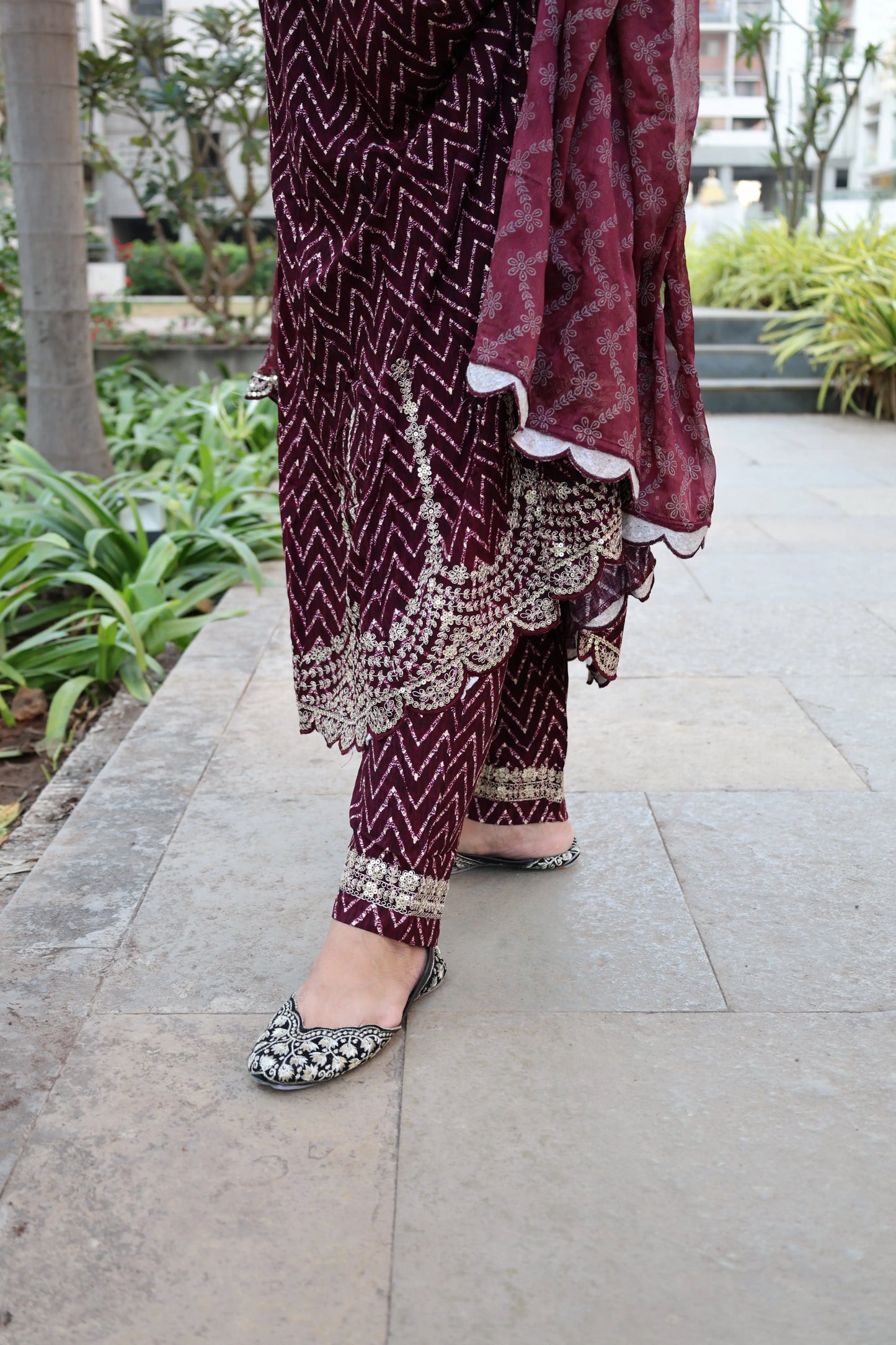 Maroon Premium Rayon Silk Anarkali Suit – Lehriya Print & Gota-Patti Handwork - Har Pal Fashionable