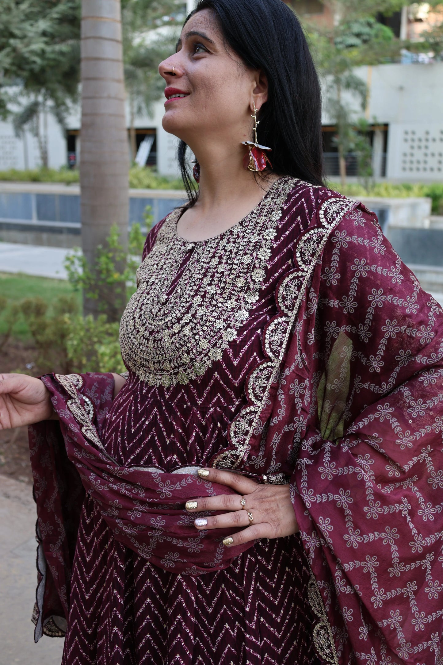 Maroon Premium Rayon Silk Anarkali Suit – Lehriya Print & Gota-Patti Handwork - Har Pal Fashionable