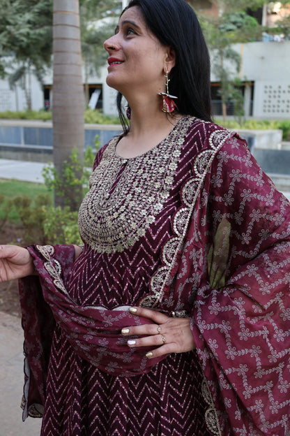 Maroon Premium Rayon Silk Anarkali Suit – Lehriya Print & Gota-Patti Handwork - Har Pal Fashionable