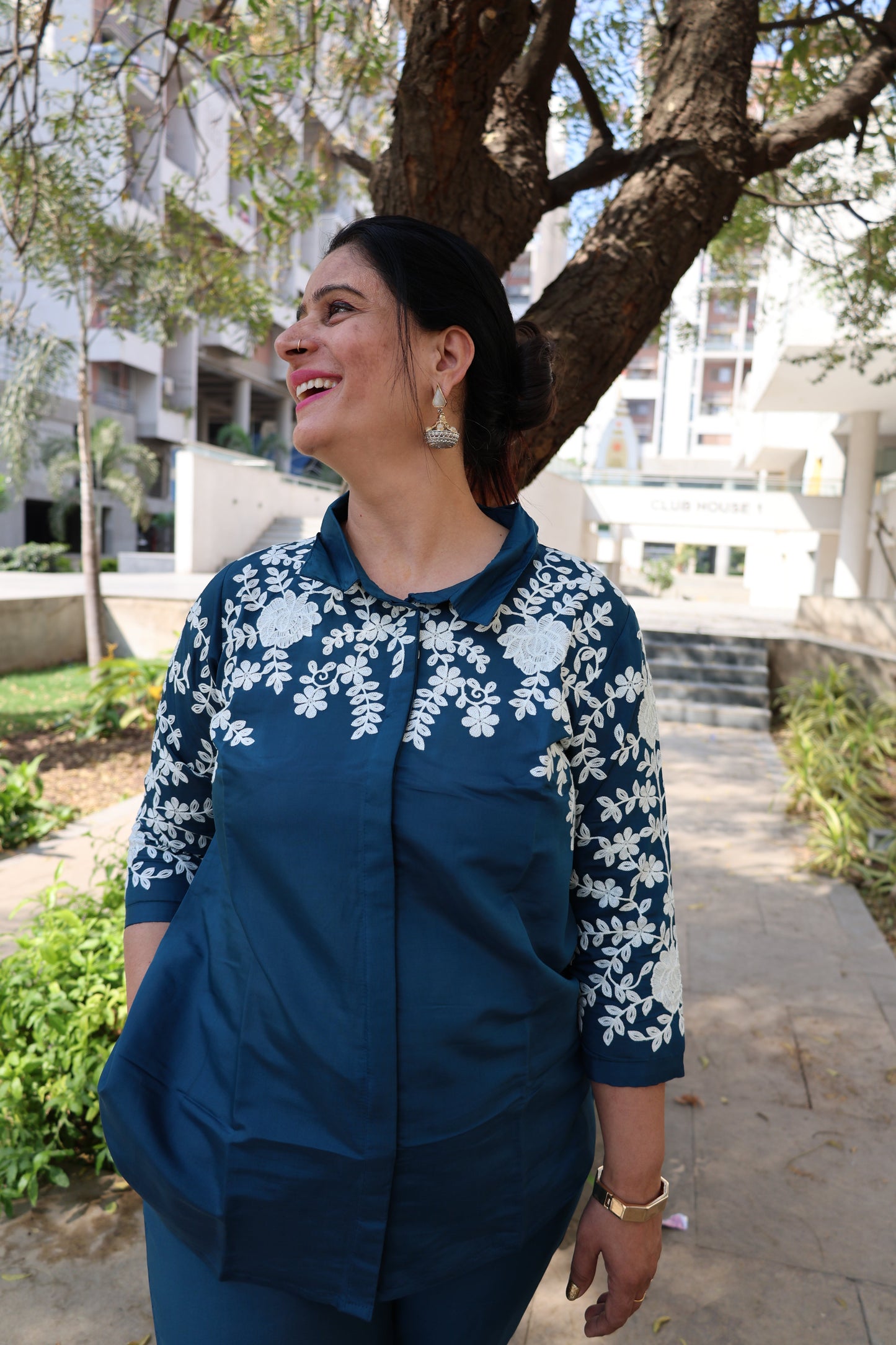 Roman Silk Co-ord Set – Embroidered Collar Shirt with Thread Work Detailing - Har Pal Fashionable