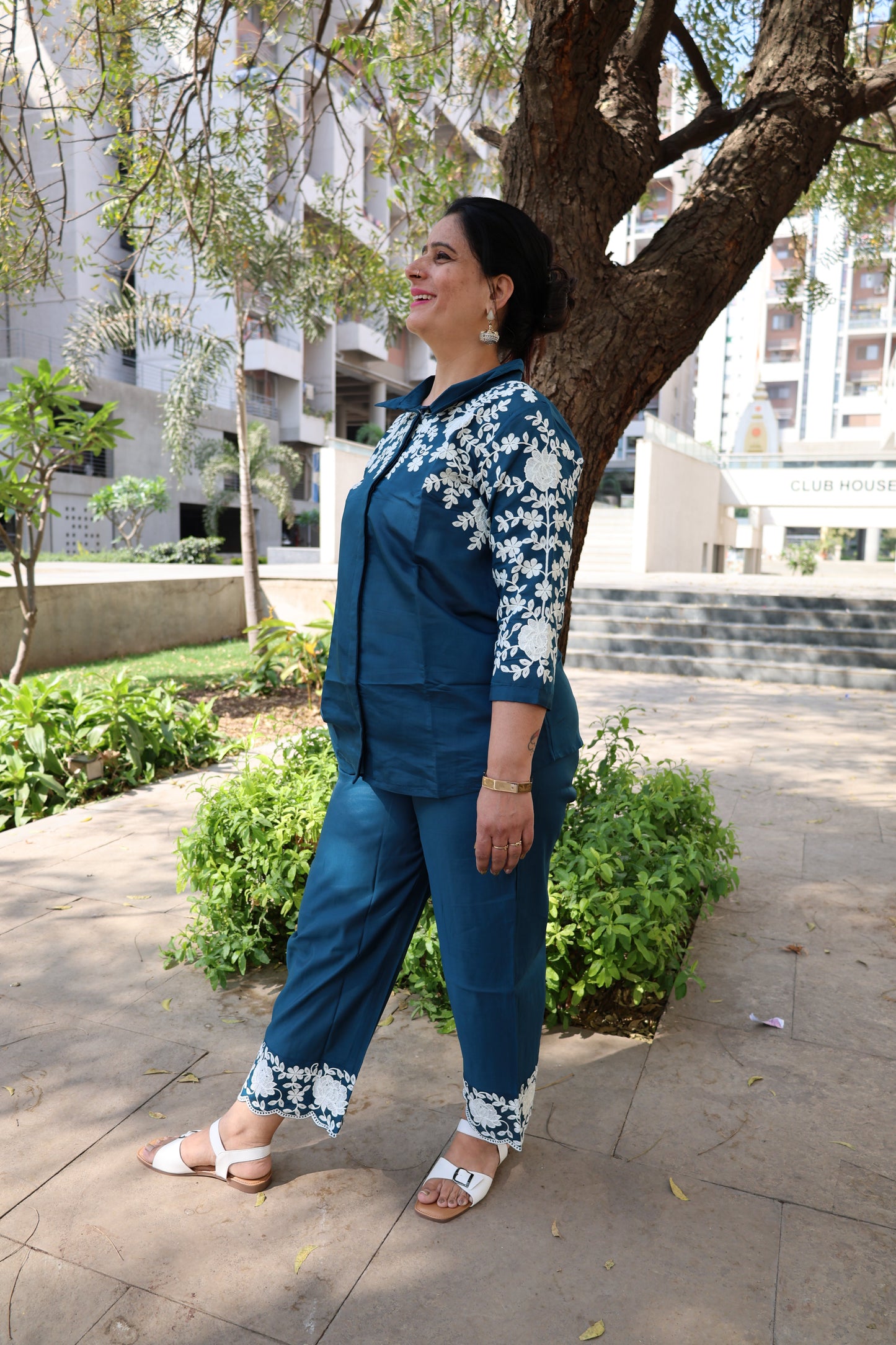 Roman Silk Co-ord Set – Embroidered Collar Shirt with Thread Work Detailing - Har Pal Fashionable