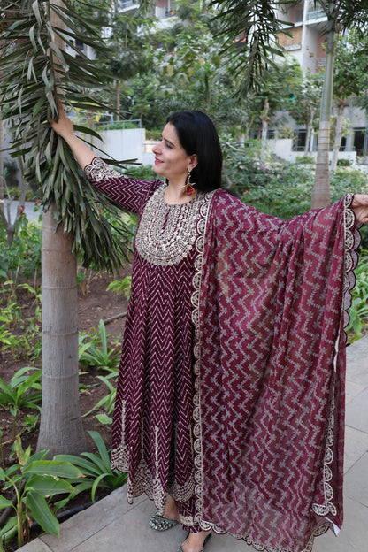 Maroon Premium Rayon Silk Anarkali Suit – Lehriya Print & Gota-Patti Handwork - Har Pal Fashionable