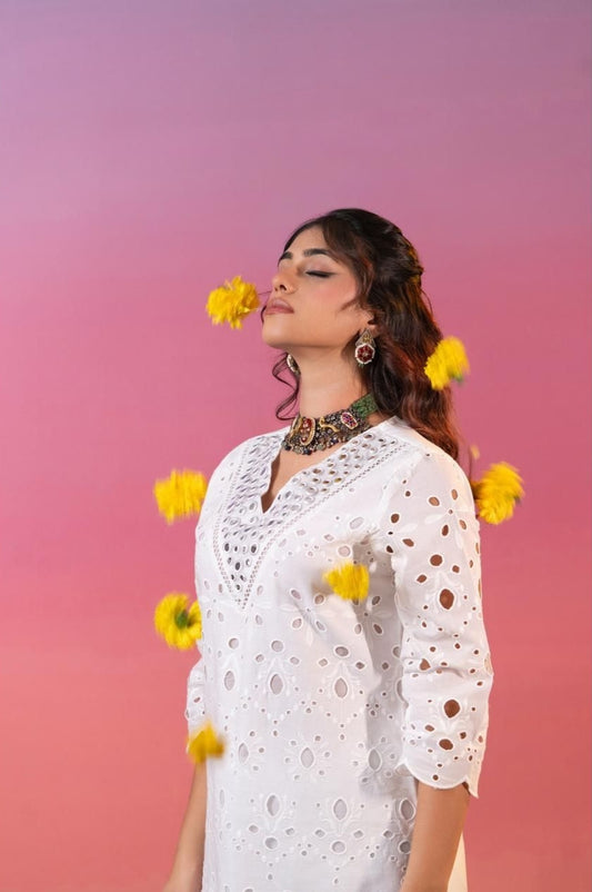 Pure Cotton MulMul Hakuba Chickenkari Trendy Co-ord Sets - Mirror Work and Both Side Pocket