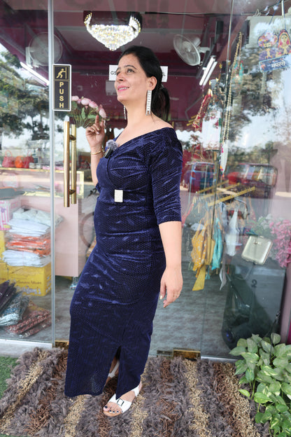 Imported Fabric Off-Shoulder Dress | Sleek Slits | Premium Velvet | Har Pal Fashionable
