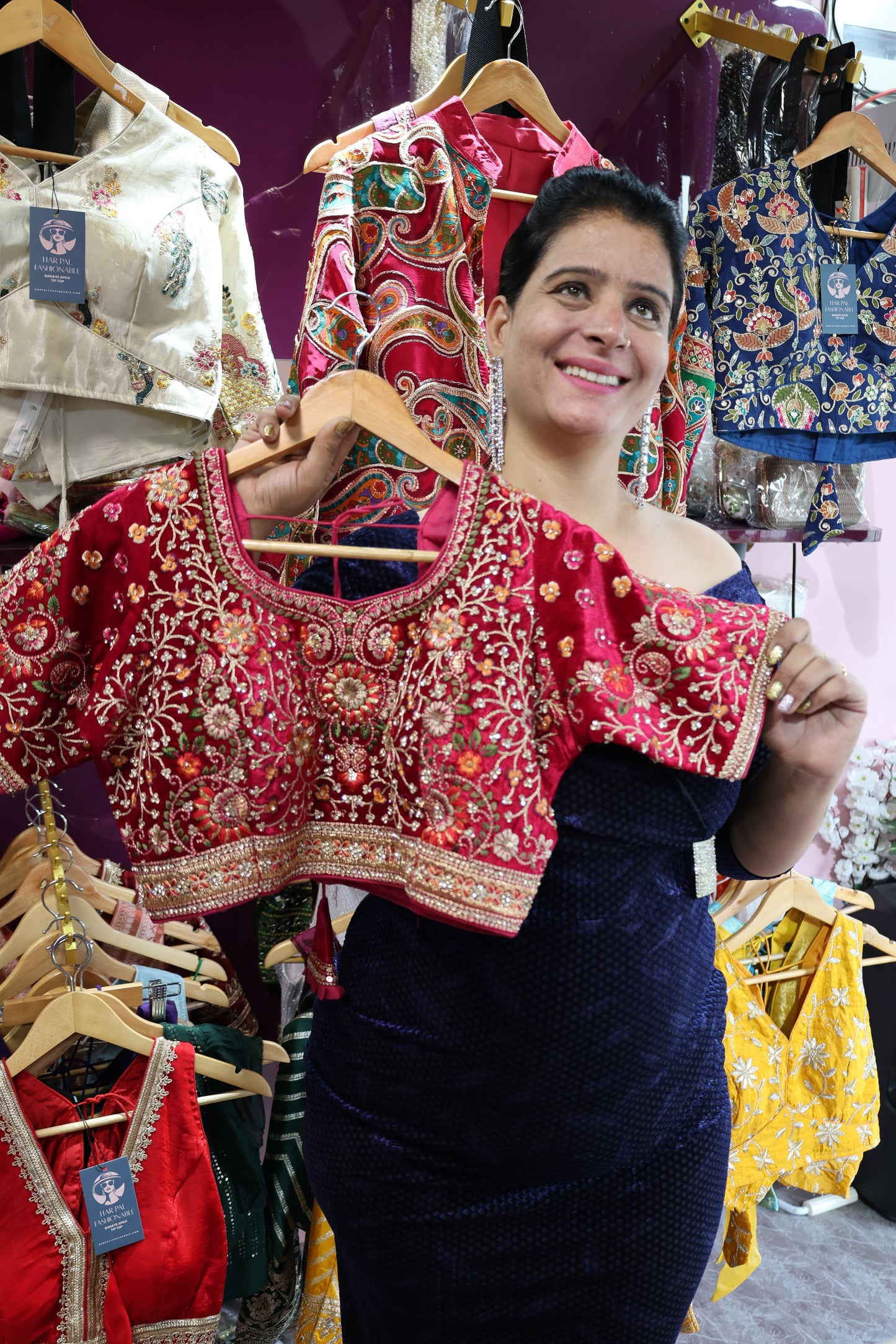 Premium Velvet Blouse in Hot Pink – Fully Embroidered with Thread & Sequin Art - Har Pal Fashionable