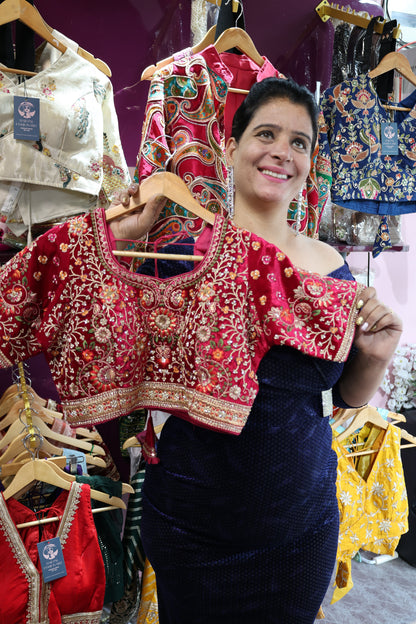 Premium Velvet Blouse in Hot Pink – Fully Embroidered with Thread & Sequin Art - Har Pal Fashionable