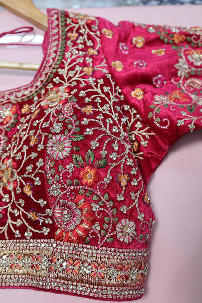 Premium Velvet Blouse in Hot Pink – Fully Embroidered with Thread & Sequin Art - Har Pal Fashionable