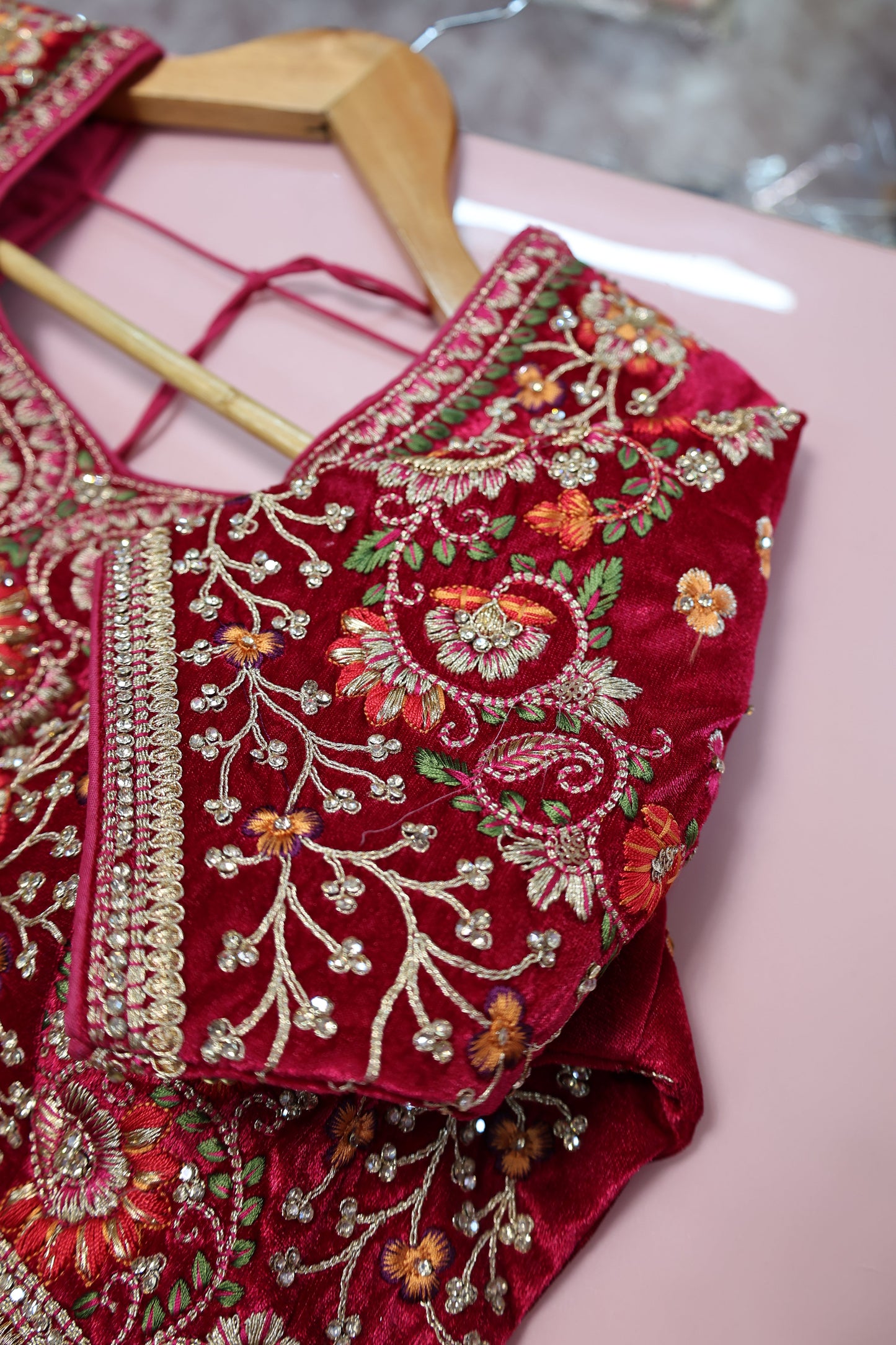 Premium Velvet Blouse in Hot Pink – Fully Embroidered with Thread & Sequin Art - Har Pal Fashionable