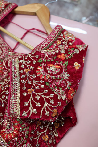 Premium Velvet Blouse in Hot Pink – Fully Embroidered with Thread & Sequin Art - Har Pal Fashionable